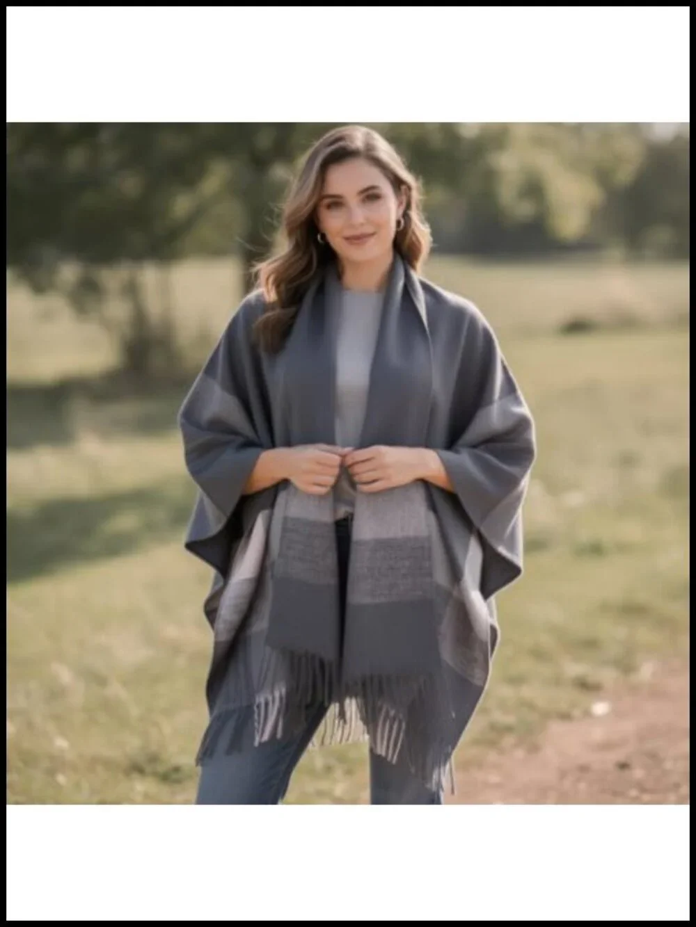 Oversized Open Front Poncho Cape Shawl Wrap Tassel Fringe Cozy Cardigan
